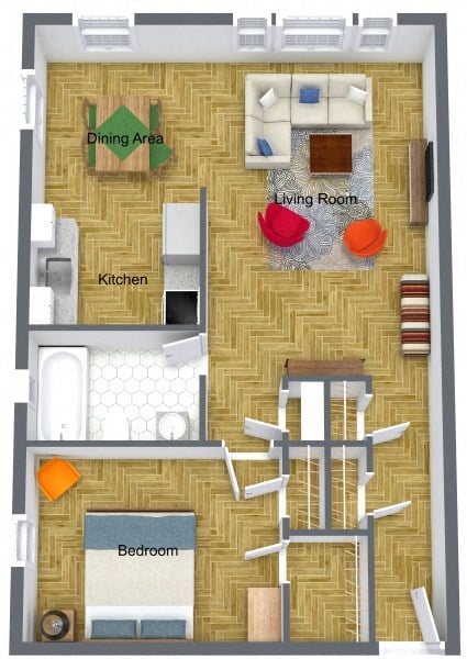 Floor plan for 1 bed, 1 bath, 725 sqft